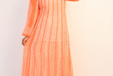 Buy Hand Embroidered Lucknowi Chikan Orange and White Georgette Kurti