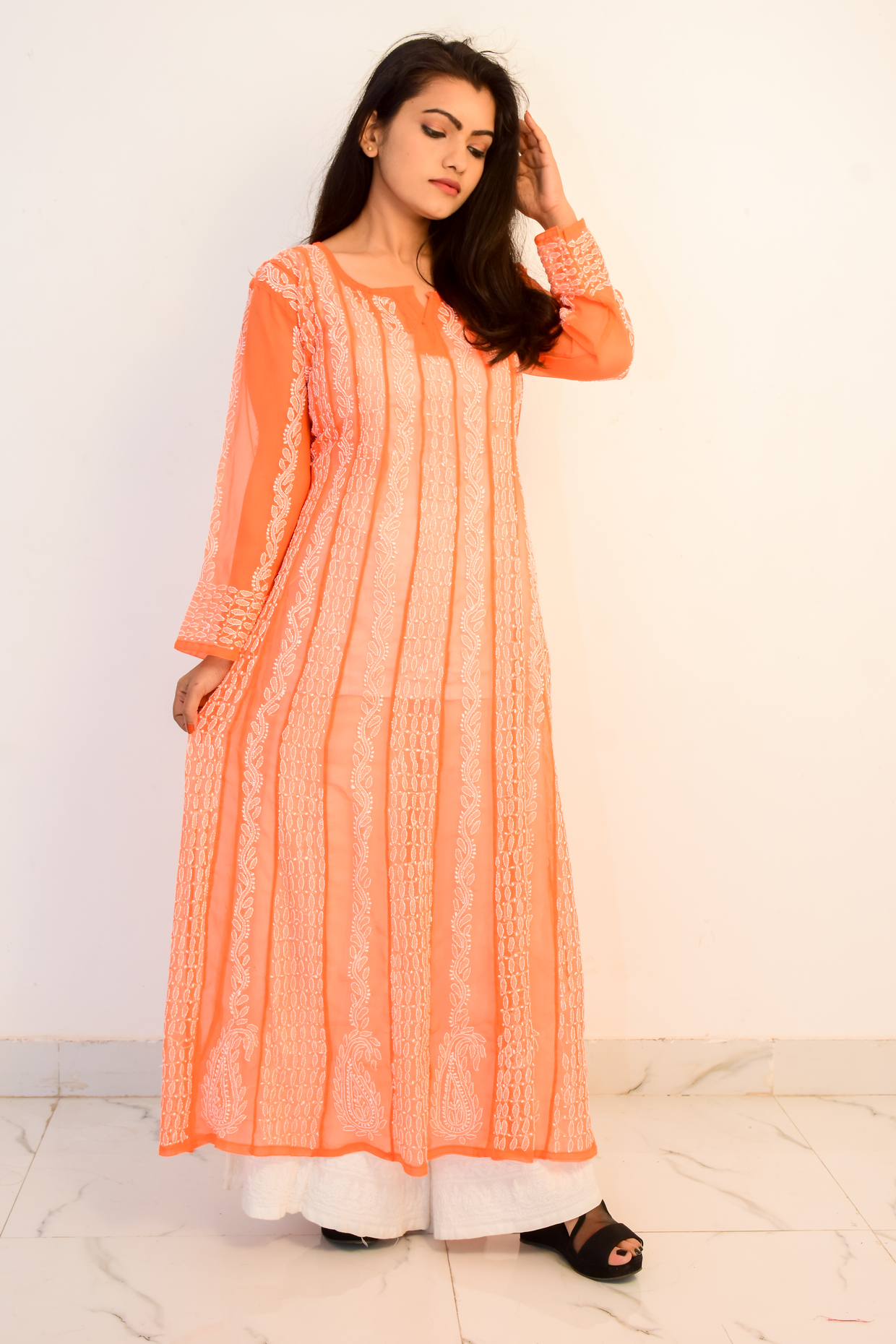 Buy Hand Embroidered Lucknowi Chikan Orange and White Georgette Kurti
