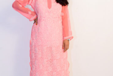 Buy Hand Embroidered Lucknowi Chikan Pink and White Georgette Kurti