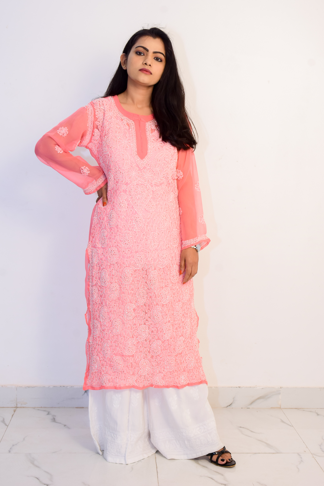 Buy Hand Embroidered Lucknowi Chikan Pink and White Georgette Kurti