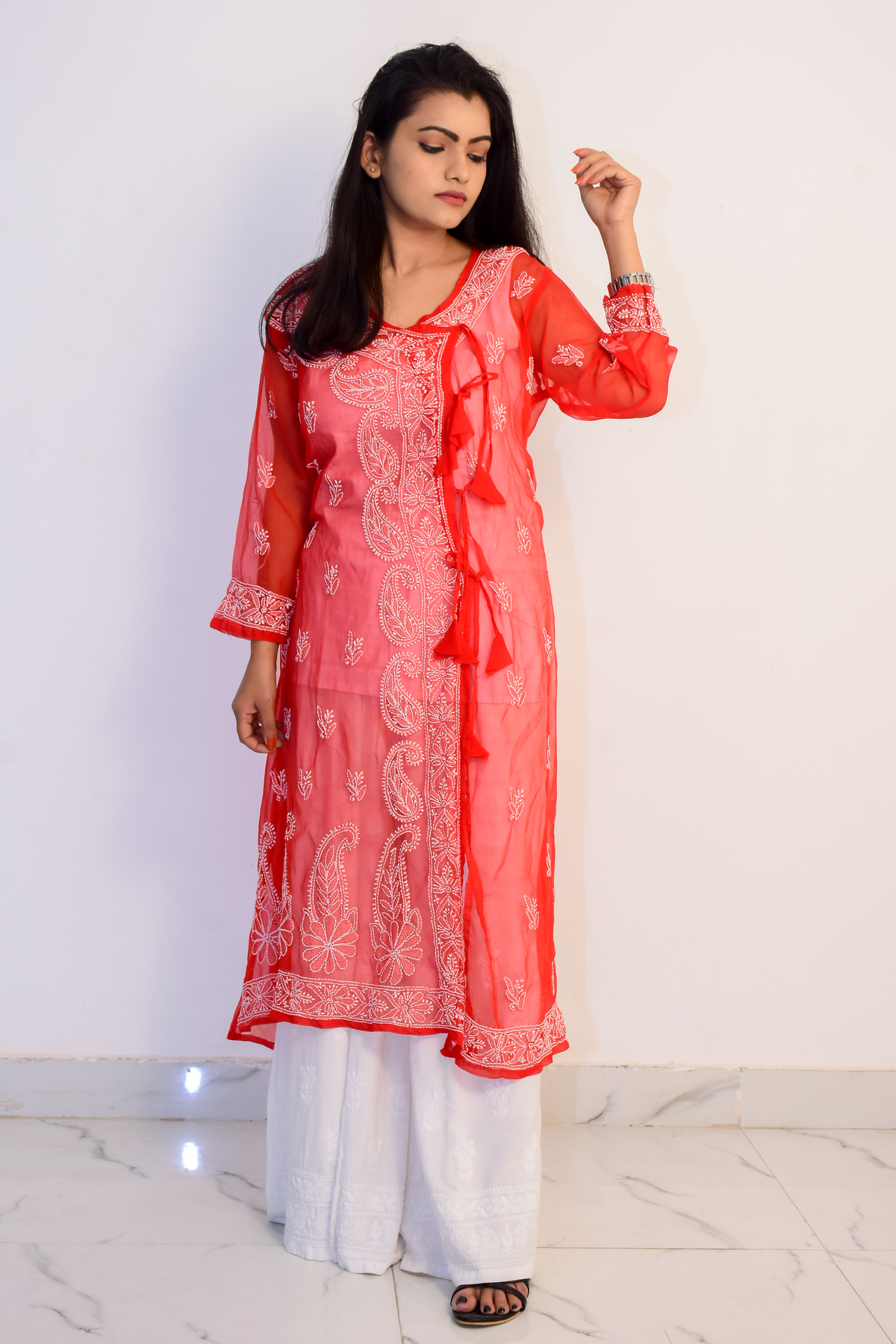 Buy Hand Embroidered Lucknowi Chikan Red And White Georgette Kurti